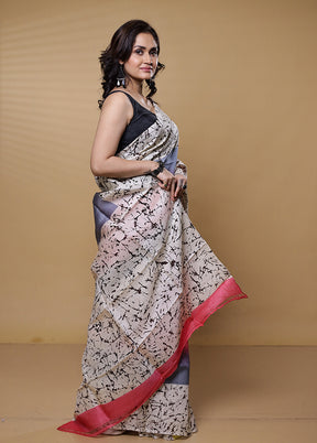 Grey Printed Pure Silk Saree With Blouse Piece