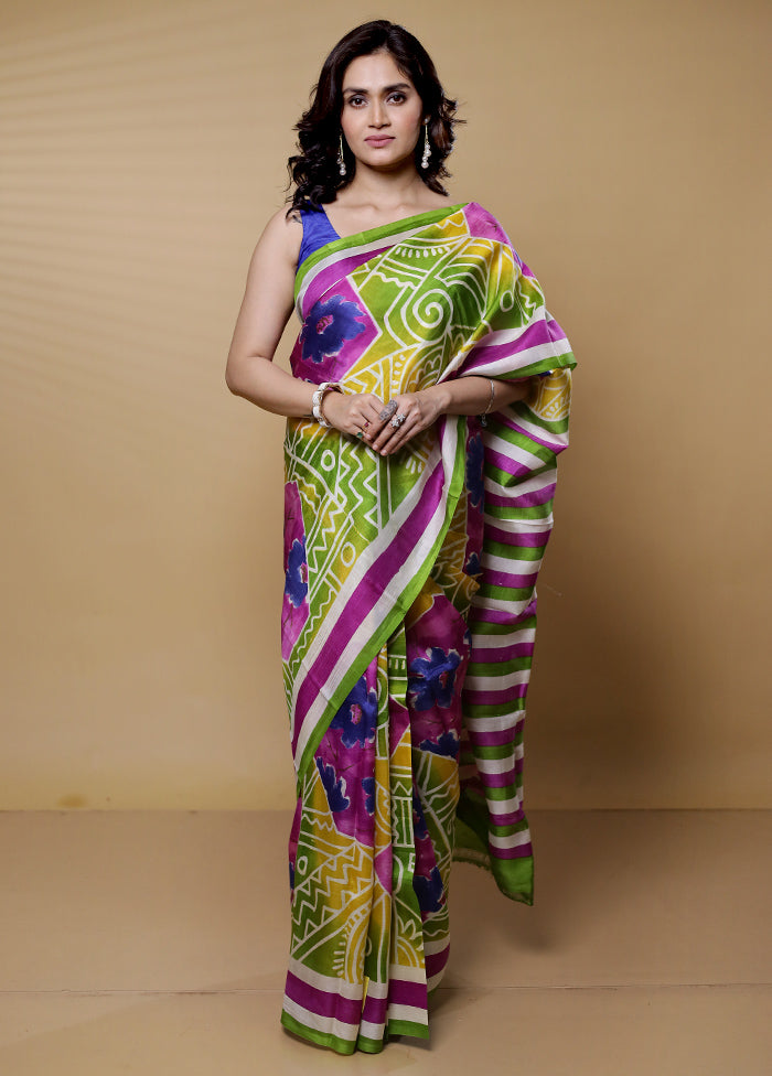 Green Printed Pure Silk Saree Without Blouse Piece