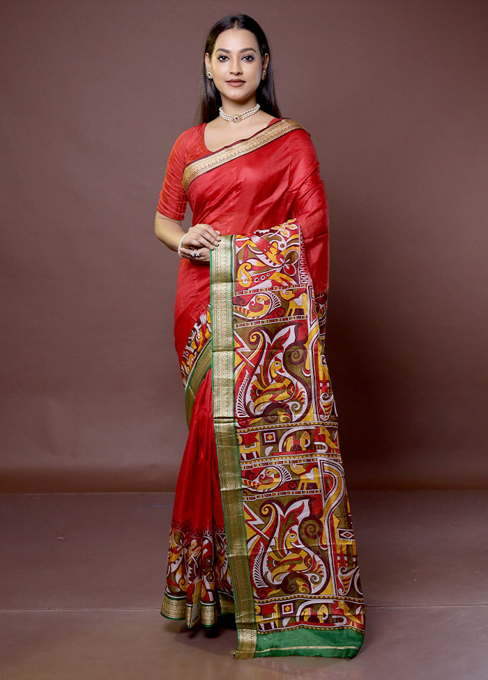 Maroon Printed Pure Silk Saree Without Blouse Piece