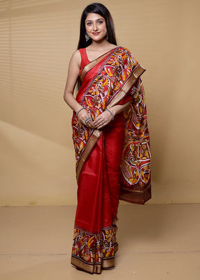 Red Printed Pure Silk Saree Without Blouse Piece