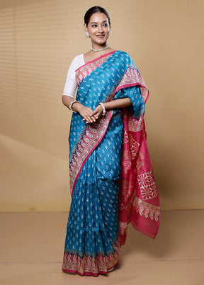 Blue Printed Pure Silk Saree Without Blouse Piece