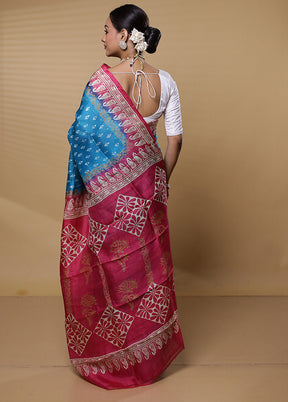 Blue Printed Pure Silk Saree Without Blouse Piece