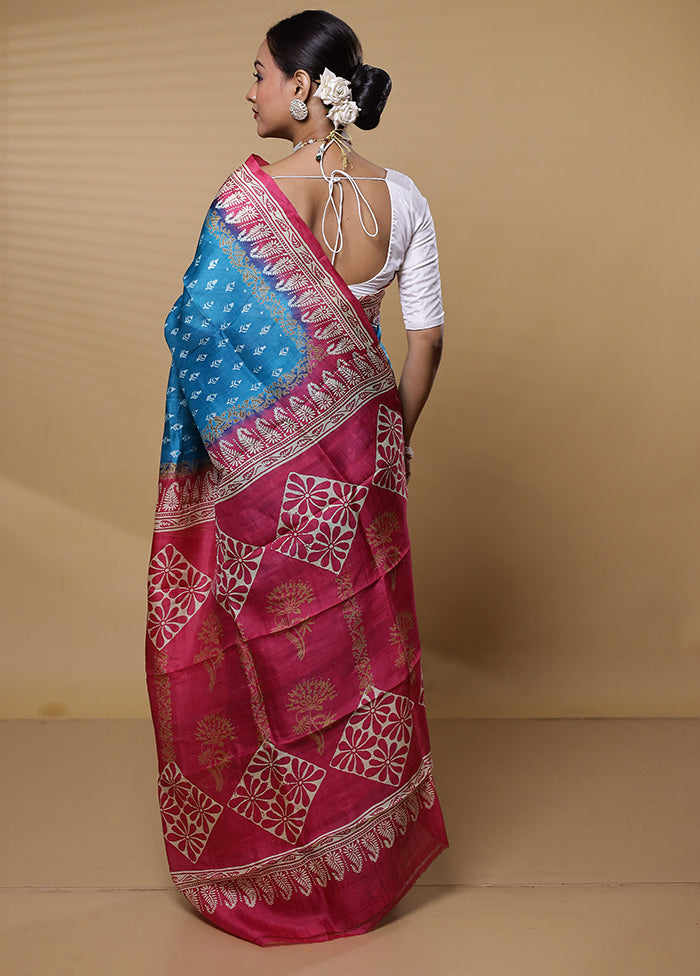 Blue Printed Pure Silk Saree Without Blouse Piece