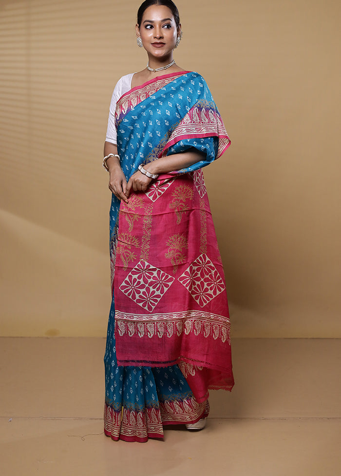 Blue Printed Pure Silk Saree Without Blouse Piece