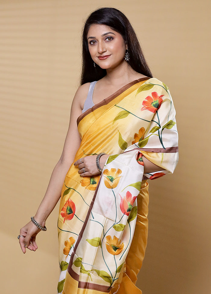 Yellow Printed Pure Silk Saree Without Blouse Piece