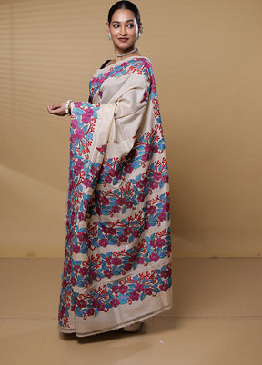 Cream Kantha Stitch Silk Saree With Blouse Piece