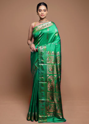 Green Handloom Baluchari Pure Silk Saree With Blouse Piece