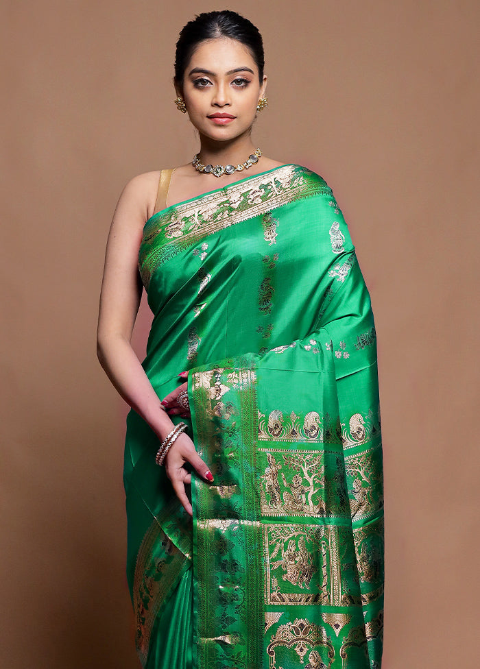 Green Handloom Baluchari Pure Silk Saree With Blouse Piece