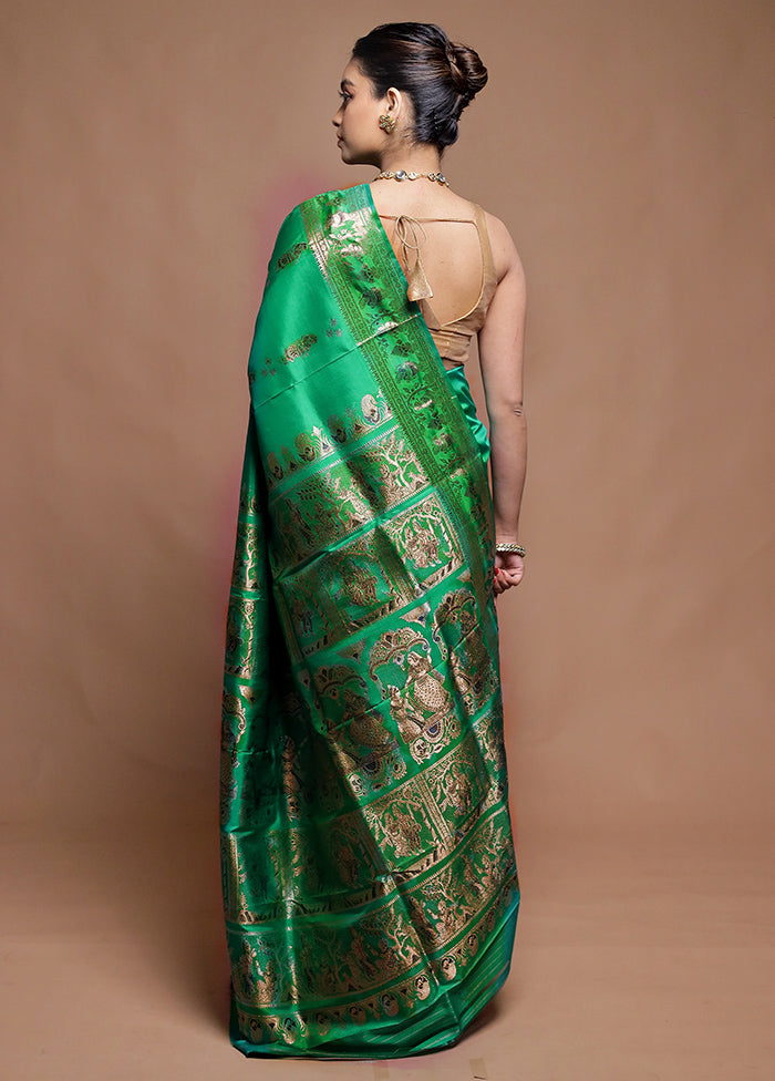 Green Handloom Baluchari Pure Silk Saree With Blouse Piece