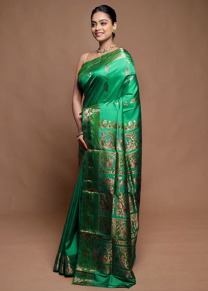 Green Handloom Baluchari Pure Silk Saree With Blouse Piece