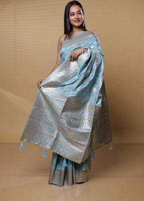 Blue Dupion Silk Saree With Blouse Piece