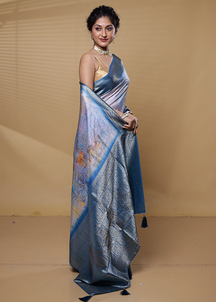 Blue Dupion Silk Saree With Blouse Piece