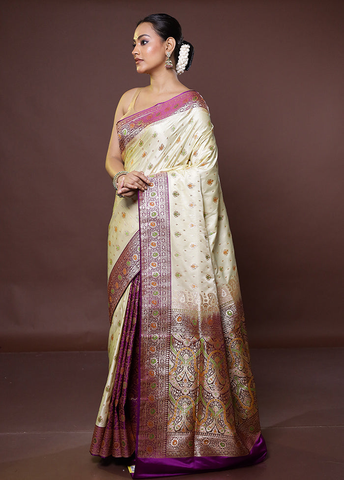 Cream Banarasi Silk Saree With Blouse Piece