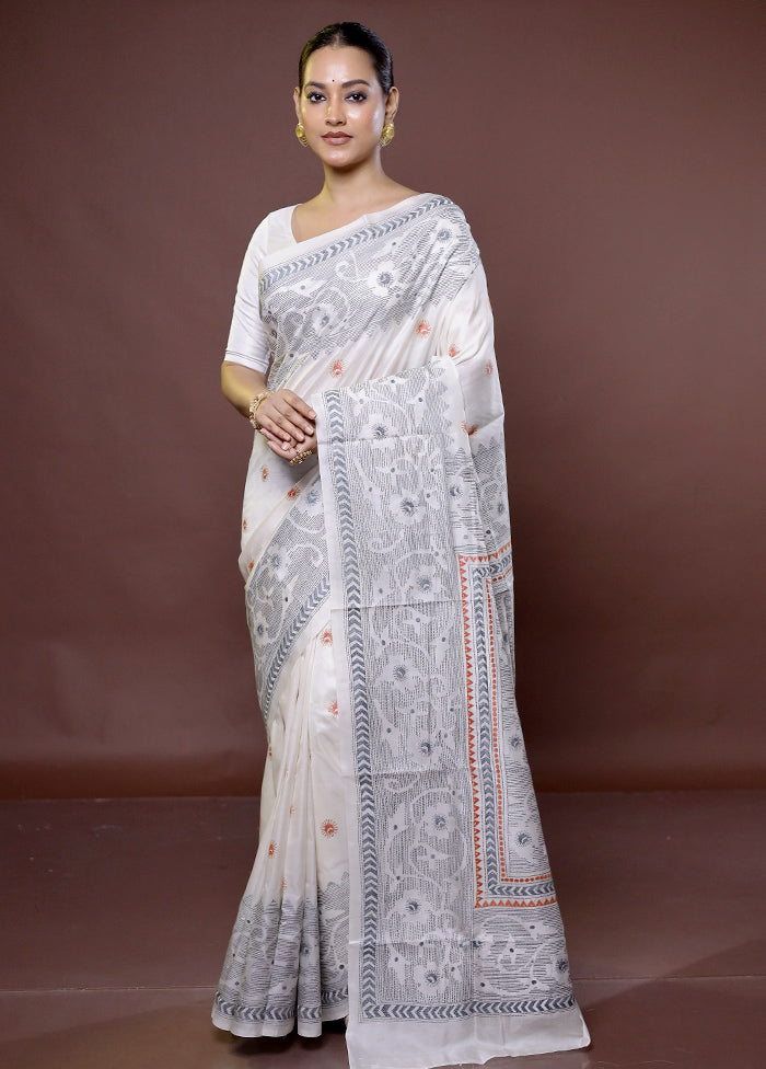 White Handloom Kantha Stitch Pure Silk Saree With Blouse Piece