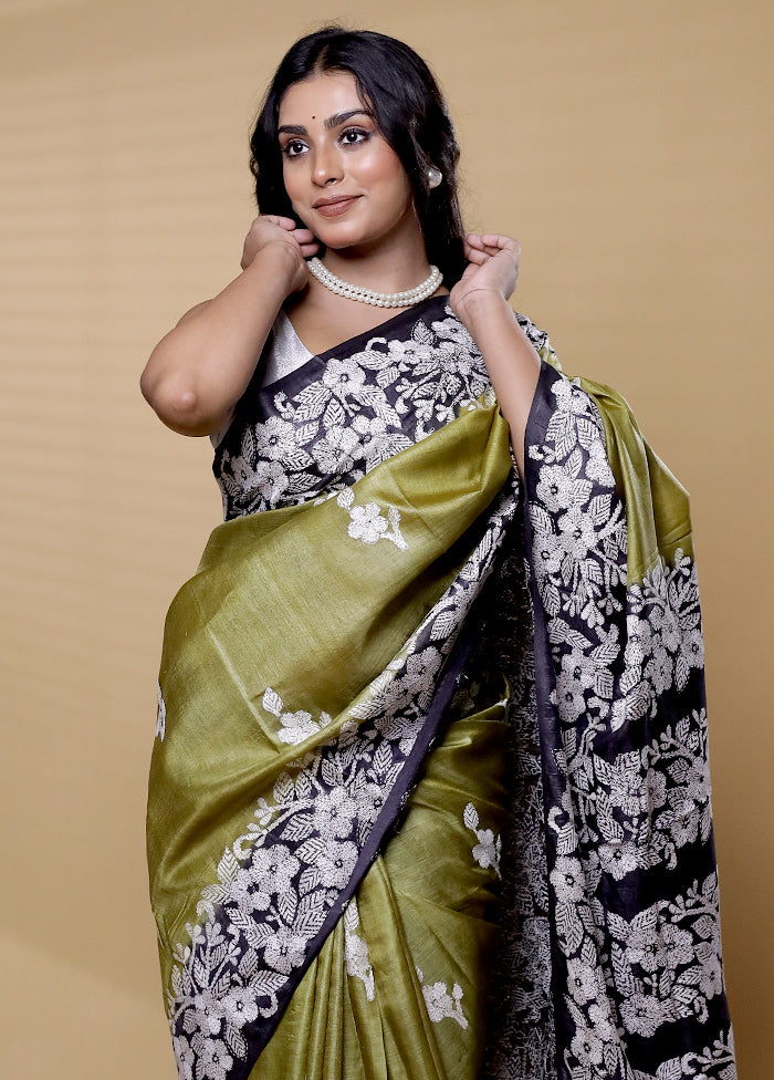 Black Handloom Kantha Stitch Pure Silk Saree With Blouse Piece