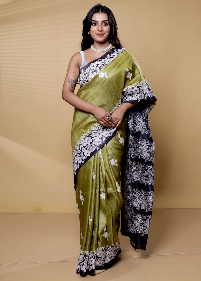 Black Handloom Kantha Stitch Pure Silk Saree With Blouse Piece