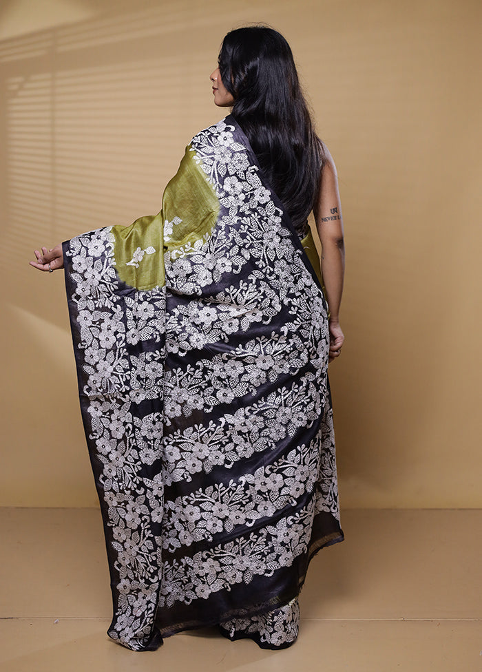 Black Handloom Kantha Stitch Pure Silk Saree With Blouse Piece