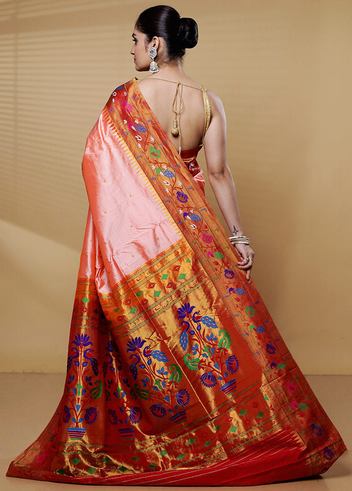 Peach Handloom Kanchipuram Pure Silk Saree With Blouse Piece