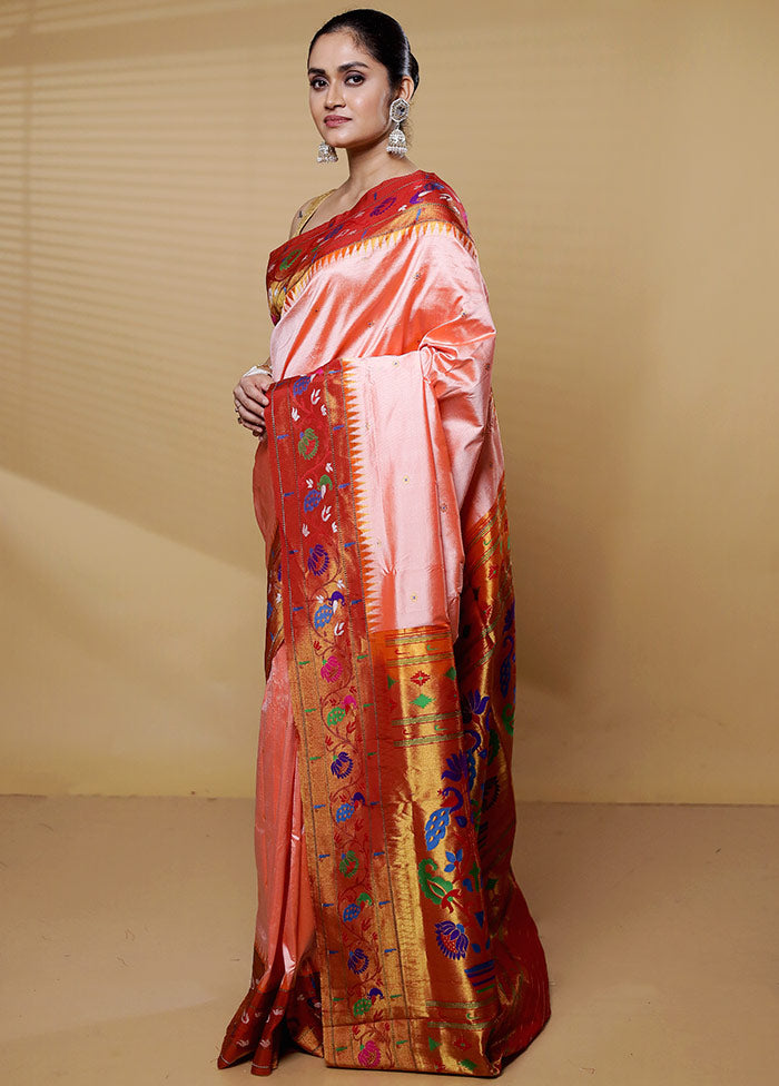 Peach Handloom Kanchipuram Pure Silk Saree With Blouse Piece