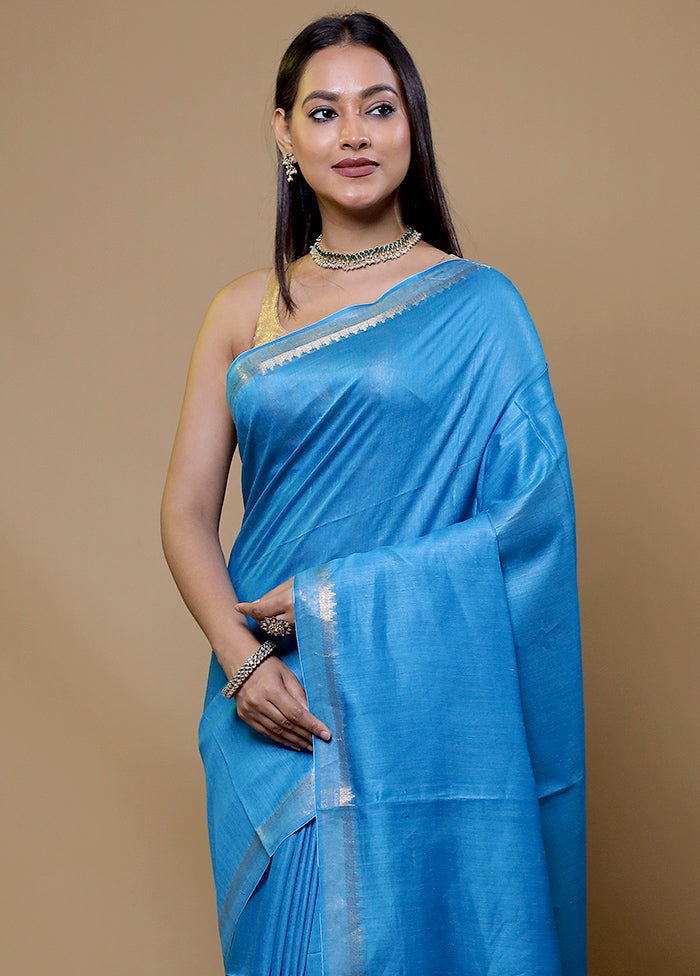 Blue Tussar Silk Saree With Blouse Piece