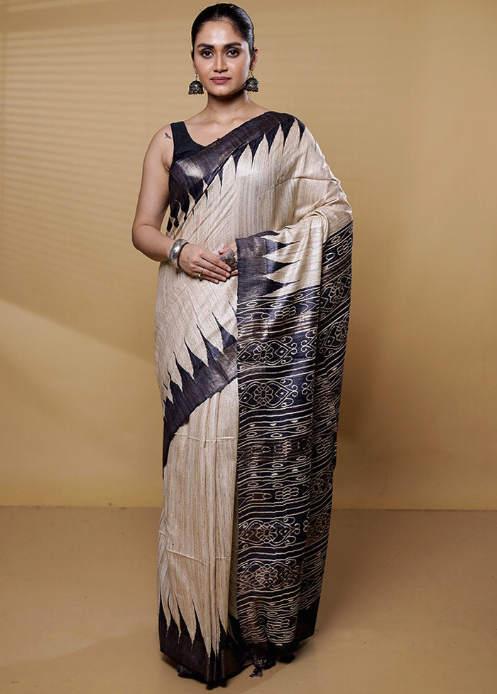 Cream Tussar Silk Saree With Blouse Piece