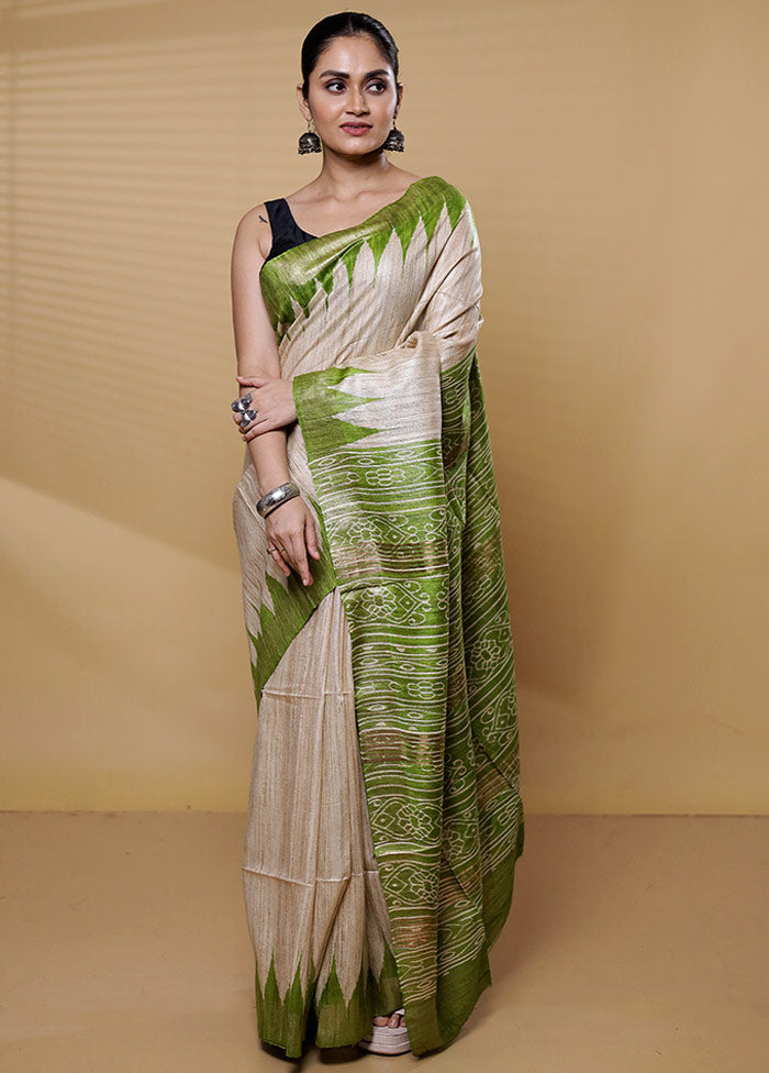 Cream Tussar Silk Saree With Blouse Piece