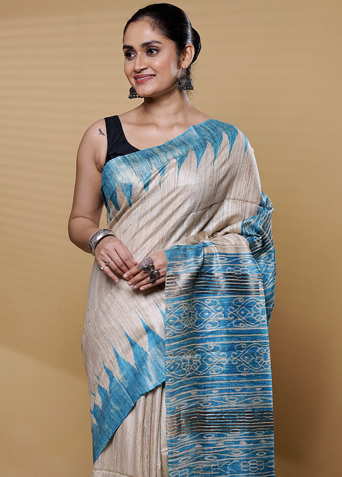 Cream Tussar Silk Saree With Blouse Piece