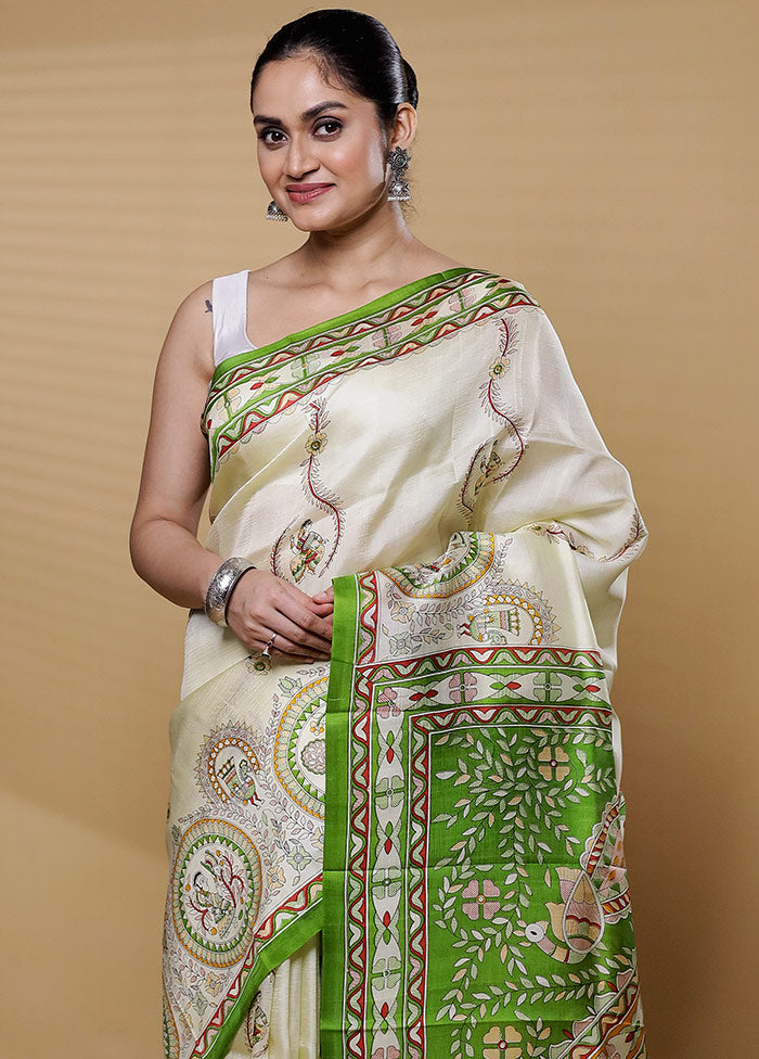 Cream Printed Pure Silk Saree Without Blouse Piece