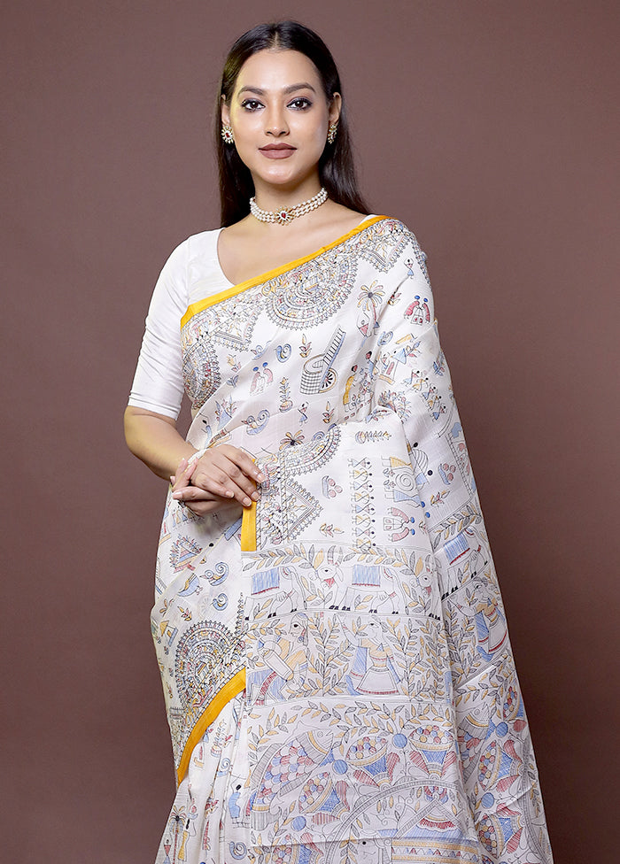 Cream Printed Pure Silk Saree Without Blouse Piece