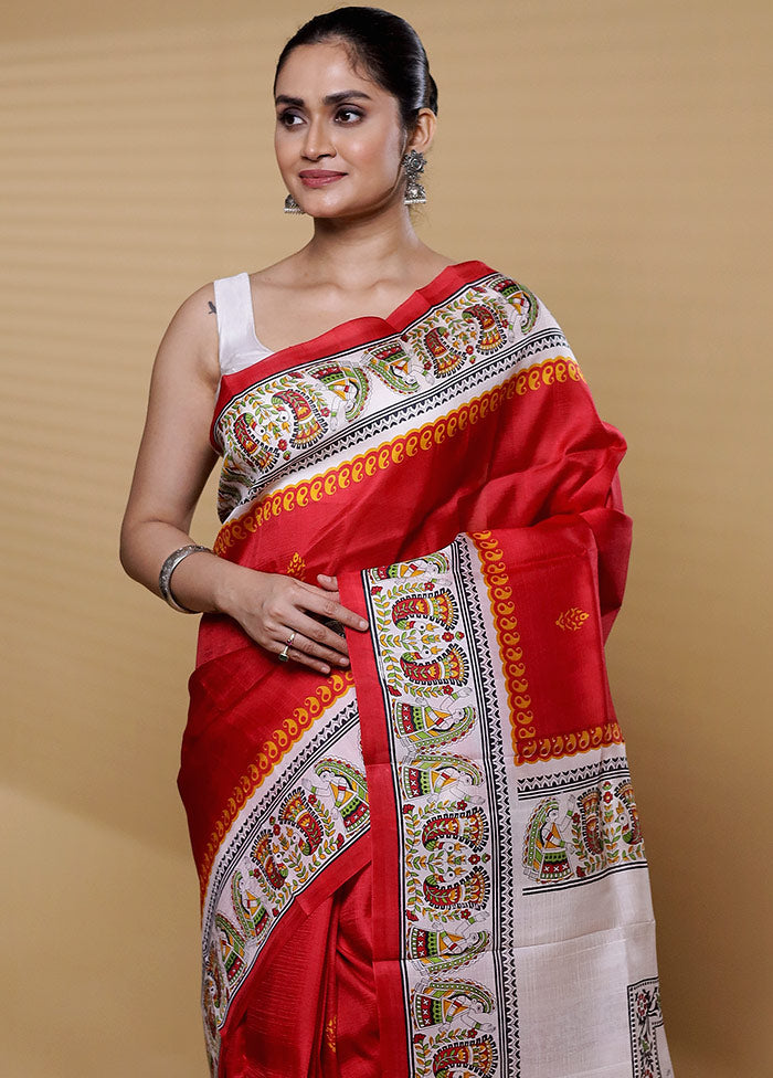 Red Printed Pure Silk Saree Without Blouse Piece