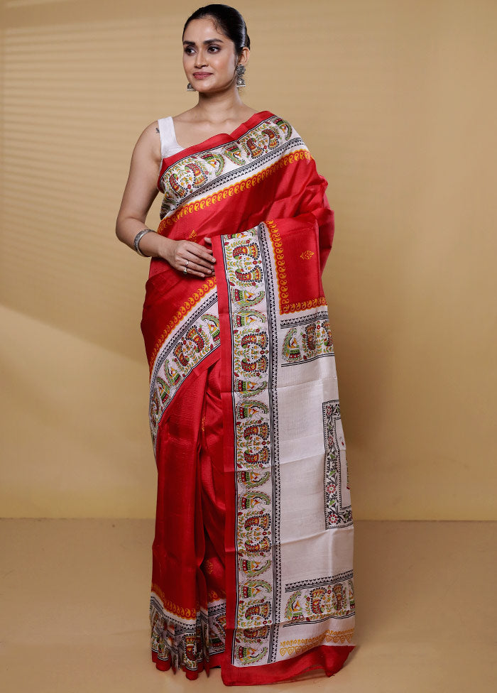 Red Printed Pure Silk Saree Without Blouse Piece