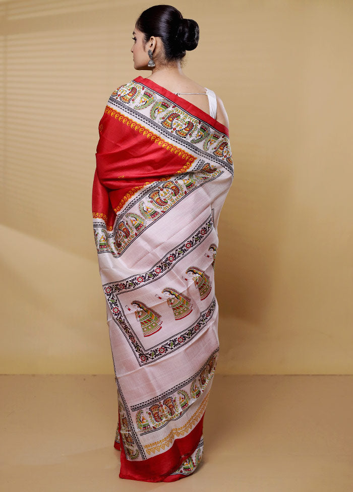 Red Printed Pure Silk Saree Without Blouse Piece