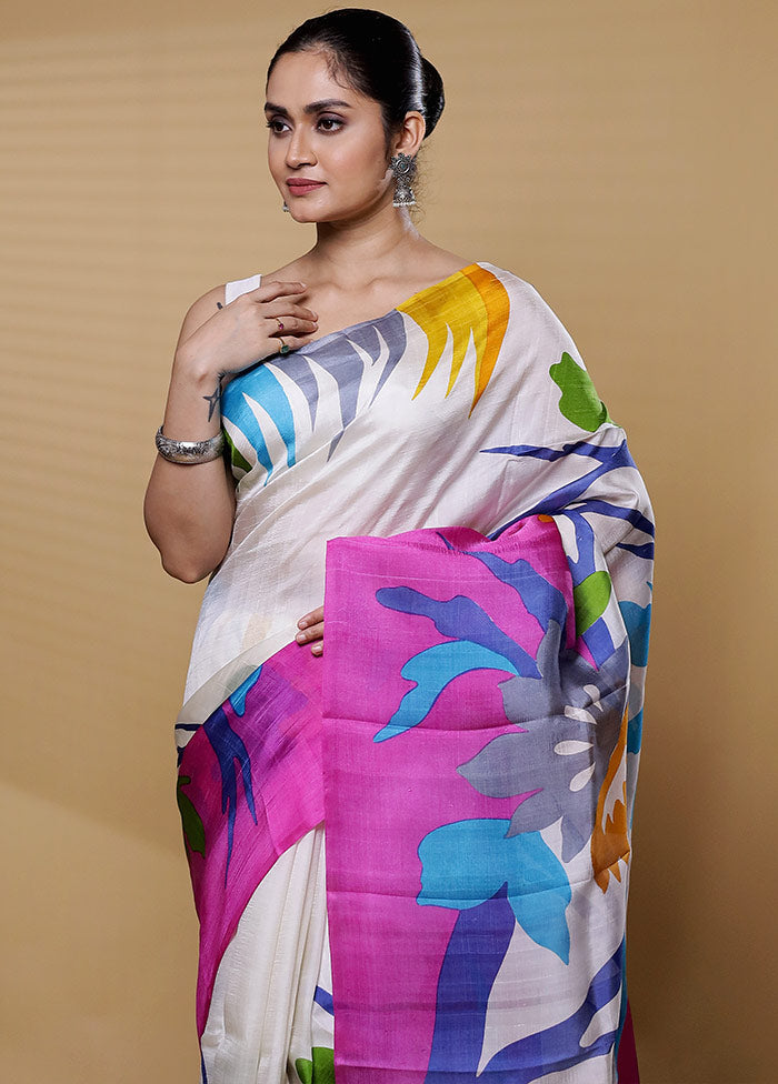 Cream Printed Pure Silk Saree Without Blouse Piece