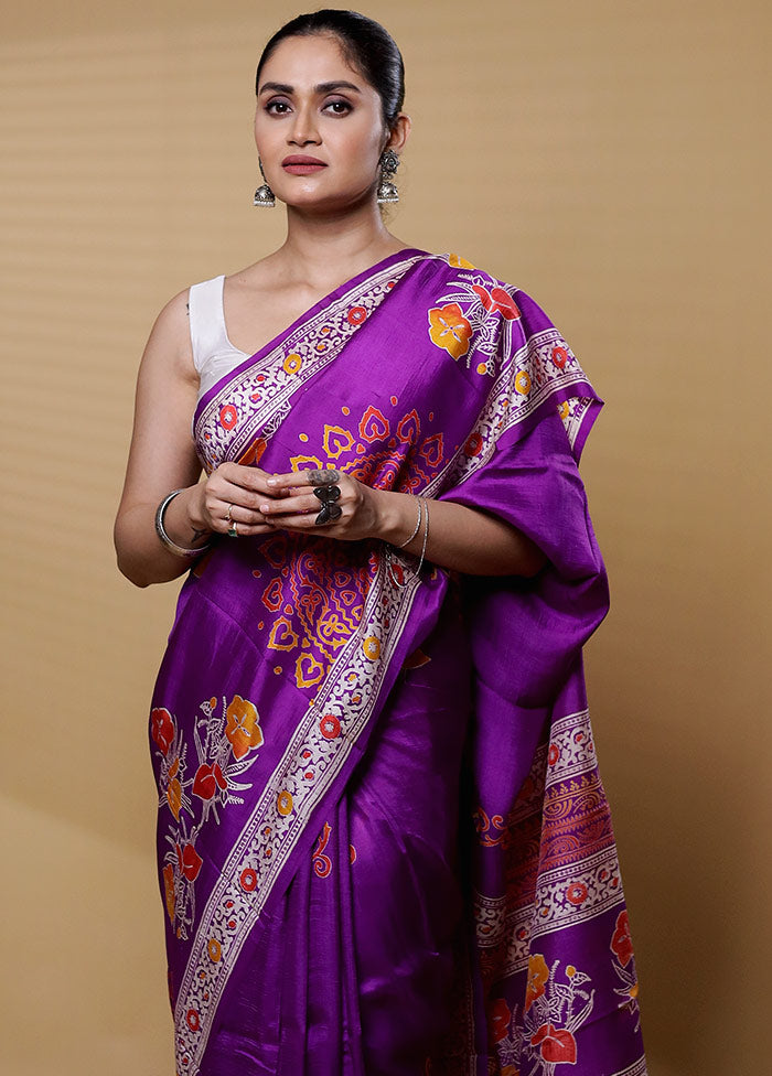 Purple Printed Pure Silk Saree Without Blouse Piece