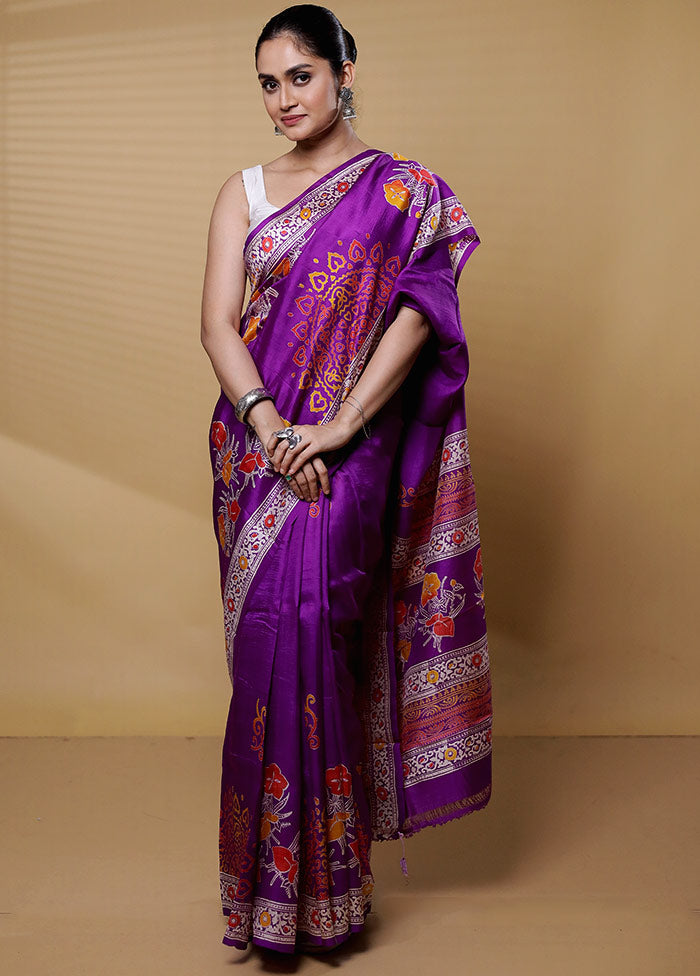 Purple Printed Pure Silk Saree Without Blouse Piece