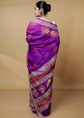 Purple Printed Pure Silk Saree Without Blouse Piece