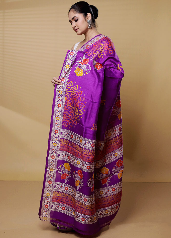 Purple Printed Pure Silk Saree Without Blouse Piece