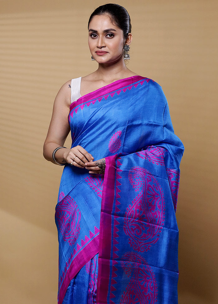 Blue Printed Pure Silk Saree Without Blouse Piece