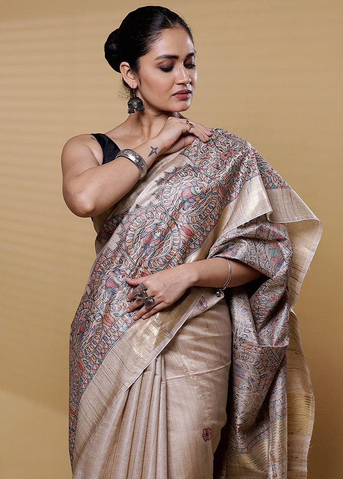 Cream Handloom Tussar Pure Silk Saree With Blouse Piece