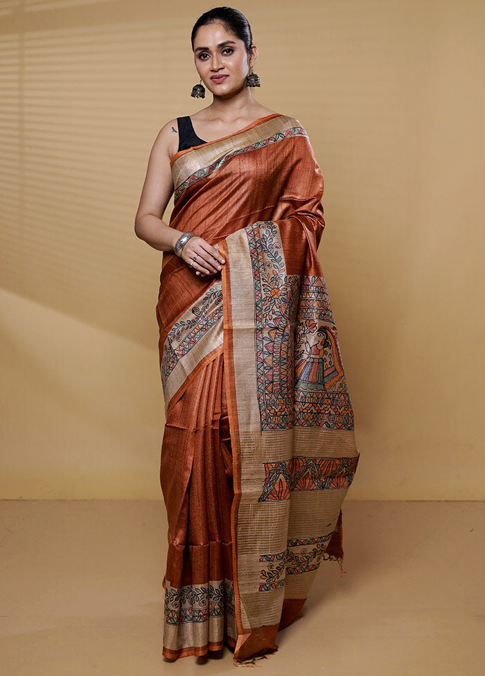 Brown Handloom Tussar Pure Silk Saree With Blouse Piece