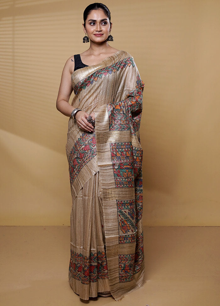 Cream Tussar Silk Saree With Blouse Piece