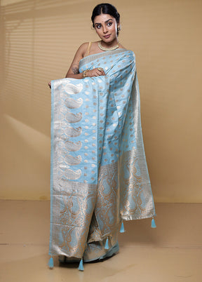 Blue Dupion Silk Saree With Blouse Piece