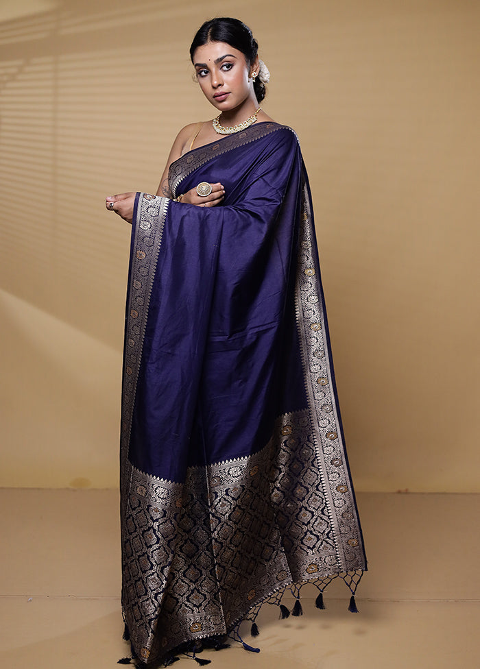 Blue Dupion Silk Saree With Blouse Piece