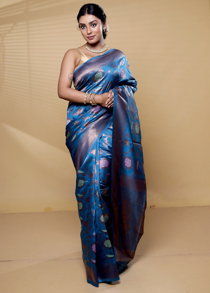 Blue Dupion Silk Saree With Blouse Piece