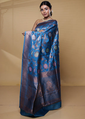 Blue Dupion Silk Saree With Blouse Piece