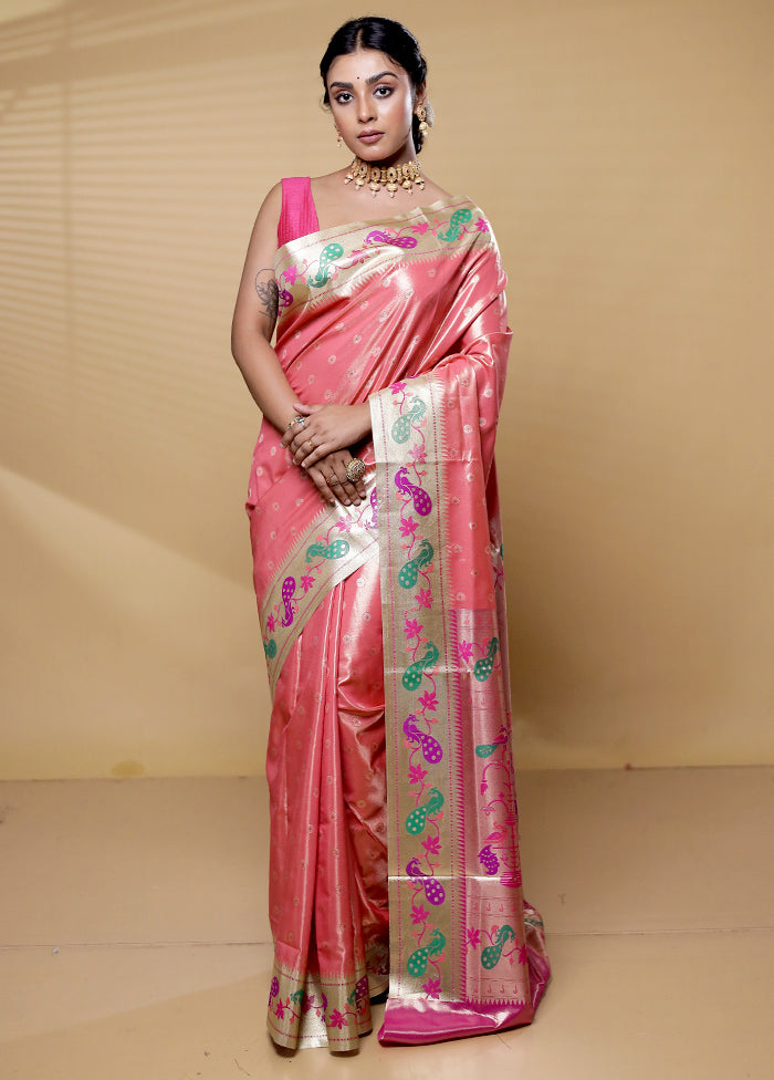 Pink Kanjivaram Silk Saree With Blouse Piece