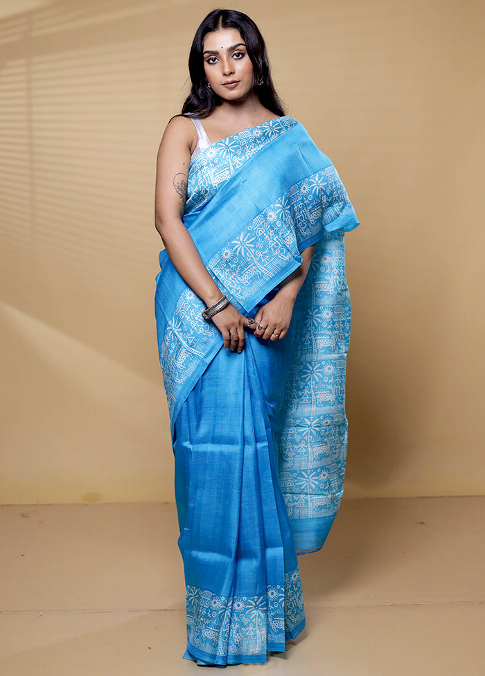 Blue Printed Pure Silk Saree Without Blouse Piece