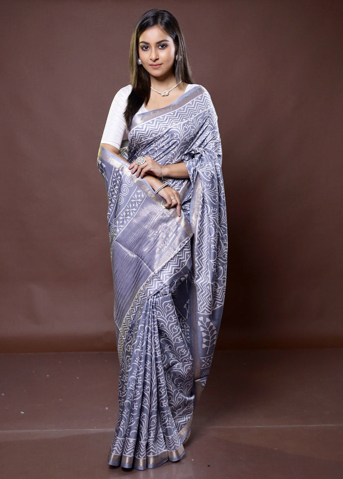 Grey Chanderi Cotton Saree With Blouse Piece