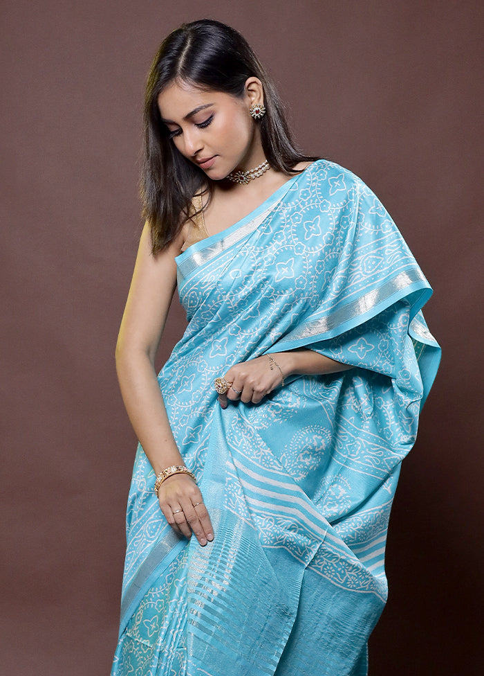 Blue Chanderi Cotton Saree With Blouse Piece