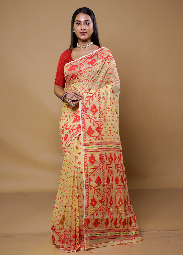 Cream Tant Jamdani Saree Without Blouse Piece